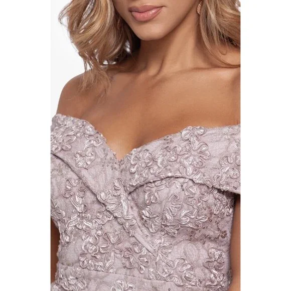 Xscape Womens Sz 4 Taupe Off the Shoulder Embroidered Lace Long Gown Dress - Picture 3 of 14